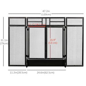Decorative 3-panel steel mesh fire screen with double doors, black