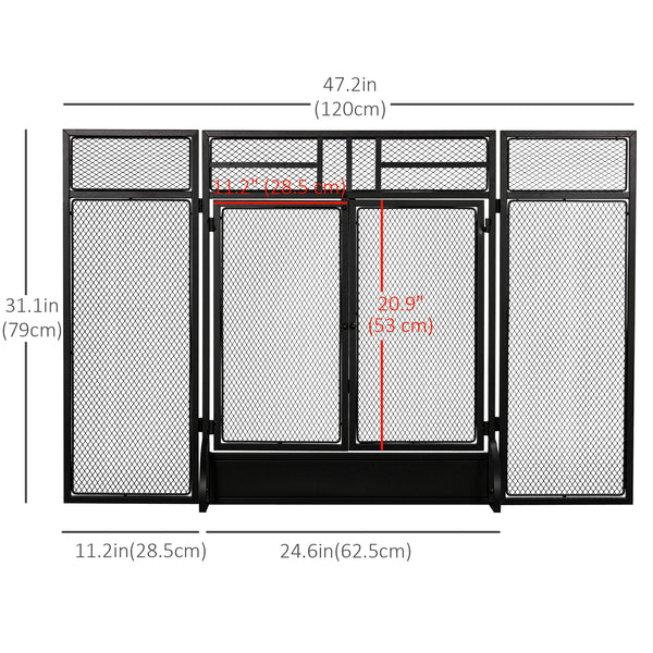 Decorative 3-panel steel mesh fire screen with double doors, black