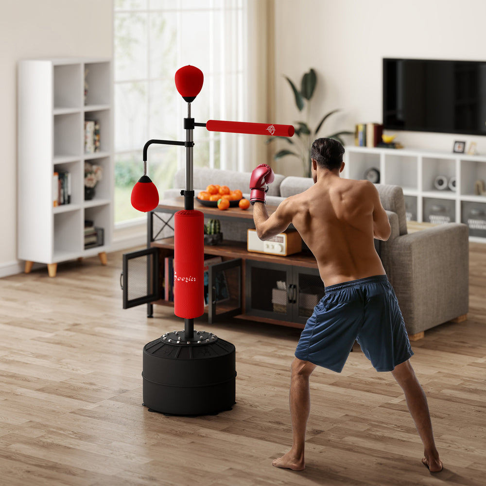 Sac de frappe autoportant 3 en 1 rouge, réglable en hauteur avec 2 balles de vitesse et barre réflexe 360° – équipement de boxe pour entraînement à domicile