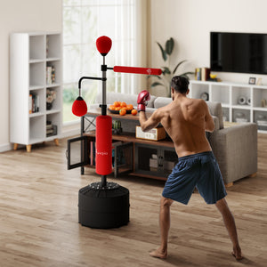 Sac de frappe autoportant 3 en 1 rouge, réglable en hauteur avec 2 balles de vitesse et barre réflexe 360° – équipement de boxe pour entraînement à domicile