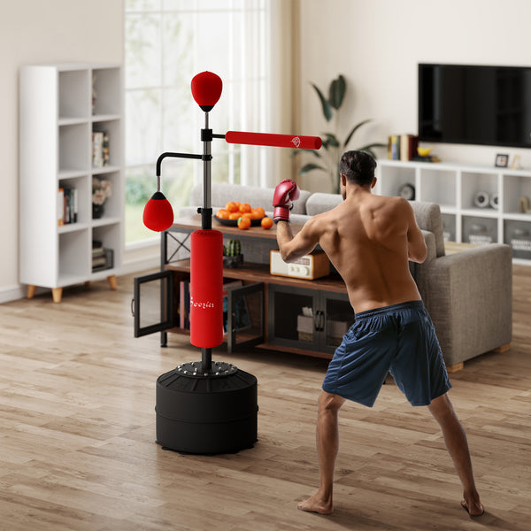 Sac de frappe autoportant 3 en 1 rouge, réglable en hauteur avec 2 balles de vitesse et barre réflexe 360° – équipement de boxe pour entraînement à domicile
