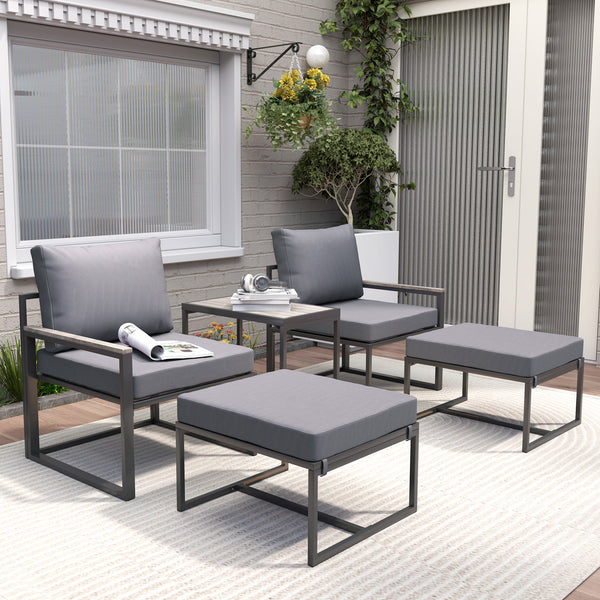 Ensemble de meubles de jardin gris 5 pièces, avec petit canapé, poufs et coussins confortables, idéal pour terrasse ou patio