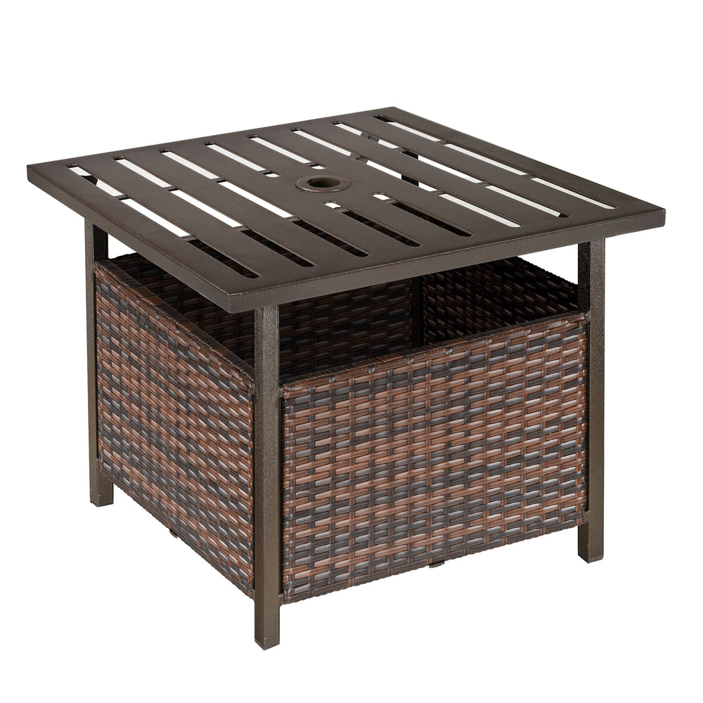 Outdoor patio coffee table in woven rattan with parasol hole, brown