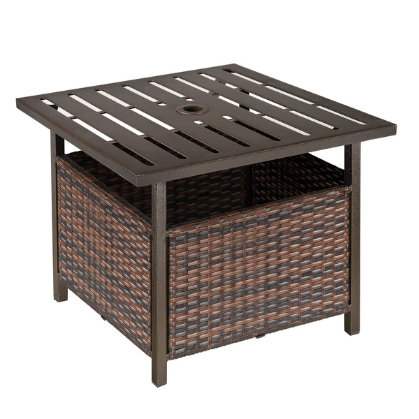 Outdoor patio coffee table in woven rattan with parasol hole, brown