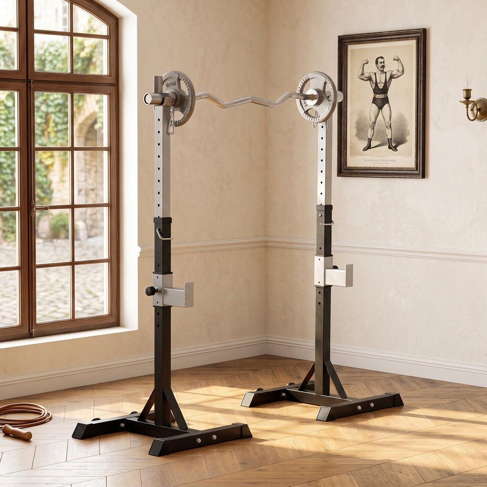 Adjustable barbell rack for squats and bench press, set of 2 – Black