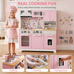 Children's play kitchen with coffee machine, ice dispenser and accessories, pink
