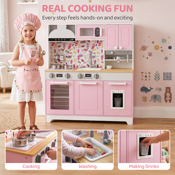 Children's play kitchen with coffee machine, ice dispenser and accessories, pink