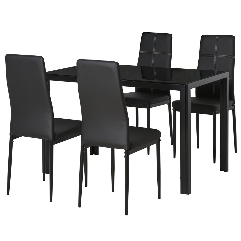 Rectangular Glass Top Kitchen Table and Chair Set with Metal Frame and Faux Leather Upholstery for Dining Room, Black