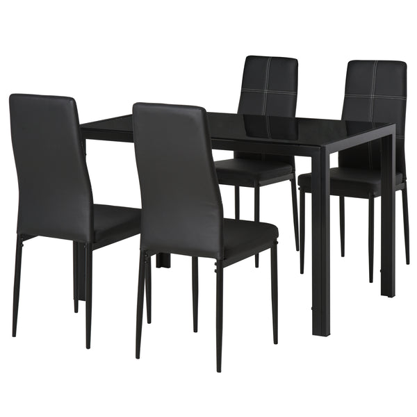 Rectangular Glass Top Kitchen Table and Chair Set with Metal Frame and Faux Leather Upholstery for Dining Room, Black