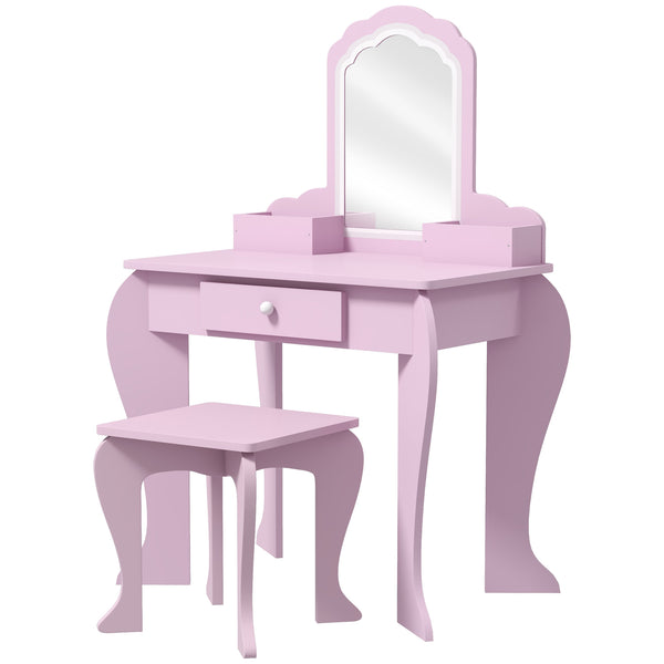 Dressing table with mirror and stool, drawer and storage - pink 