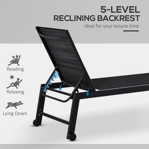 Outdoor Lounge Chair, Patio Lounger with 5-Position Reclining Backrest and 2 Wheels for Poolside, Beach, Lawn, Black