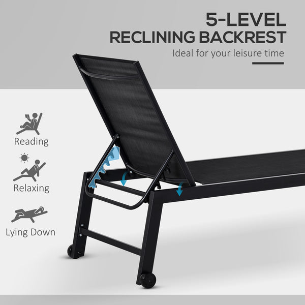 Outdoor Lounge Chair, Patio Lounger with 5-Position Reclining Backrest and 2 Wheels for Poolside, Beach, Lawn, Black