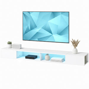 70" Wall-Mounted Floating TV Stand with RGB LED Lighting and 4 Compartments – Wood-Effect White