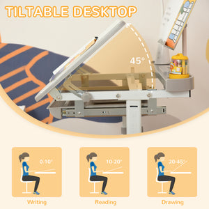 Height-adjustable desk and chair set with tilting top, gray