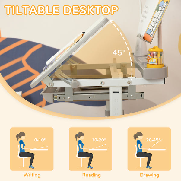 Height-adjustable desk and chair set with tilting top, gray