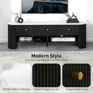 Modern TV cabinet with marble effect top, 3 drawers and 2 open shelves, black
