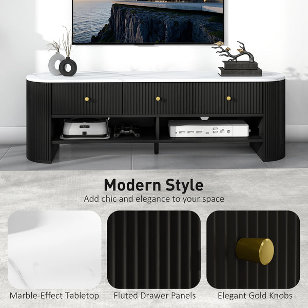 Modern TV cabinet with marble effect top, 3 drawers and 2 open shelves, black