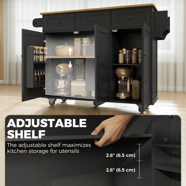 Mobile kitchen island with drop leaf, storage and charging station – Black and oak