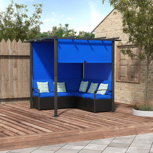 Wicker resin garden furniture set with retractable pergola, blue