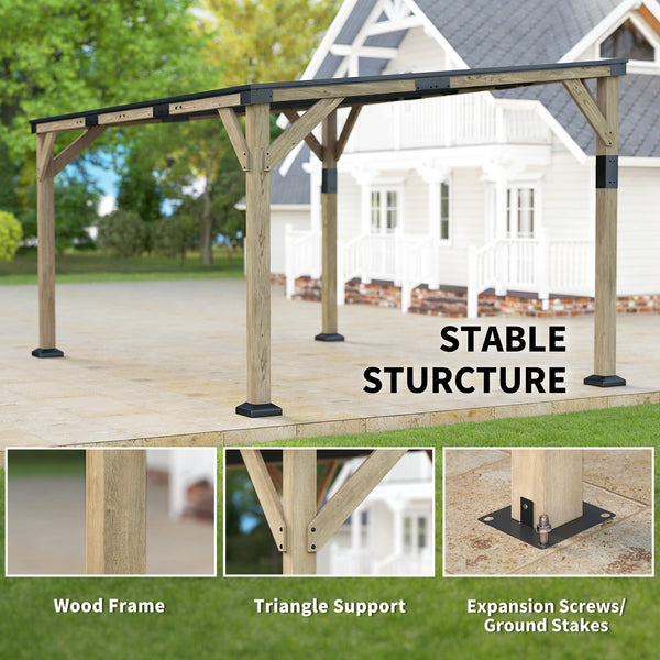 14' x 10' galvanized steel pergola with rigid roof and wooden frame, patio awning, dark grey