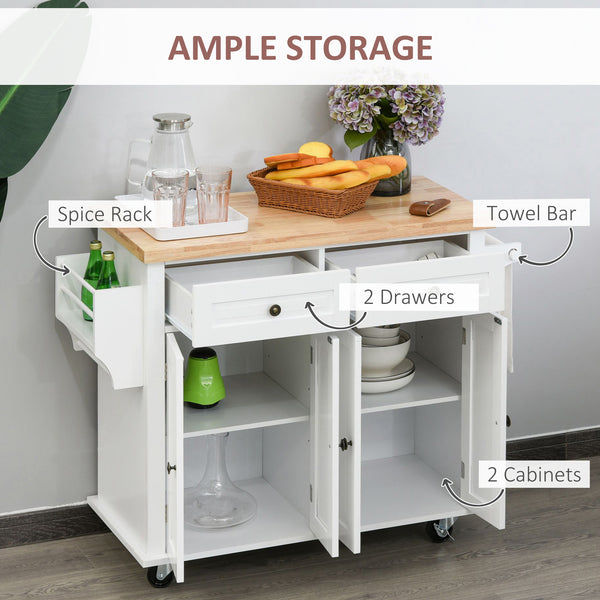 Kitchen island with rubberwood storage, spice rack, towel rail