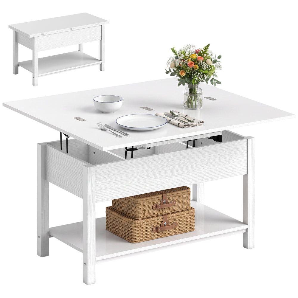 Lift-top extendable coffee table with double surface and integrated storage, white