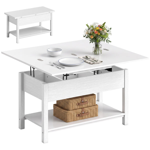 Lift-top extendable coffee table with double surface and integrated storage, white