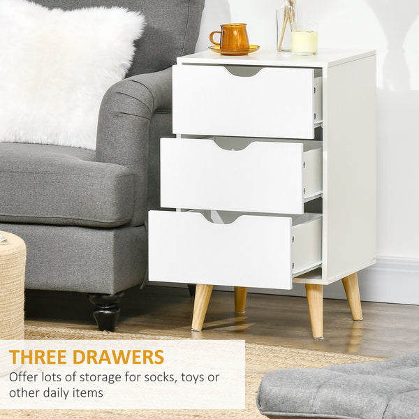 Modern 3-drawer bedside table with wooden legs, white