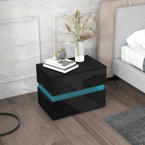 Modern Bedside Table with 2 Drawers and USB Powered RGB LED Lighting, Black.