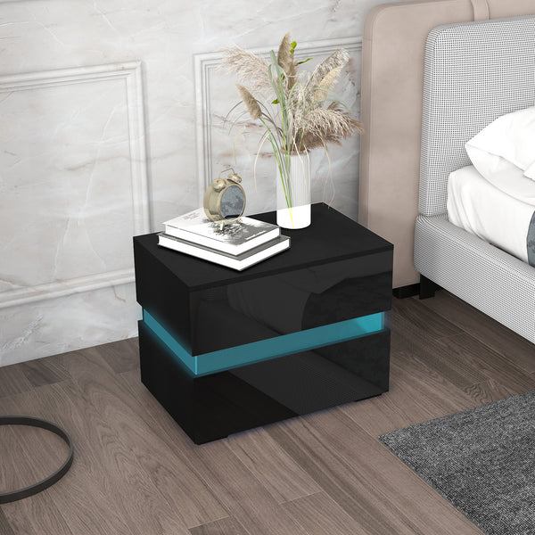 Modern Bedside Table with 2 Drawers and USB Powered RGB LED Lighting, Black.