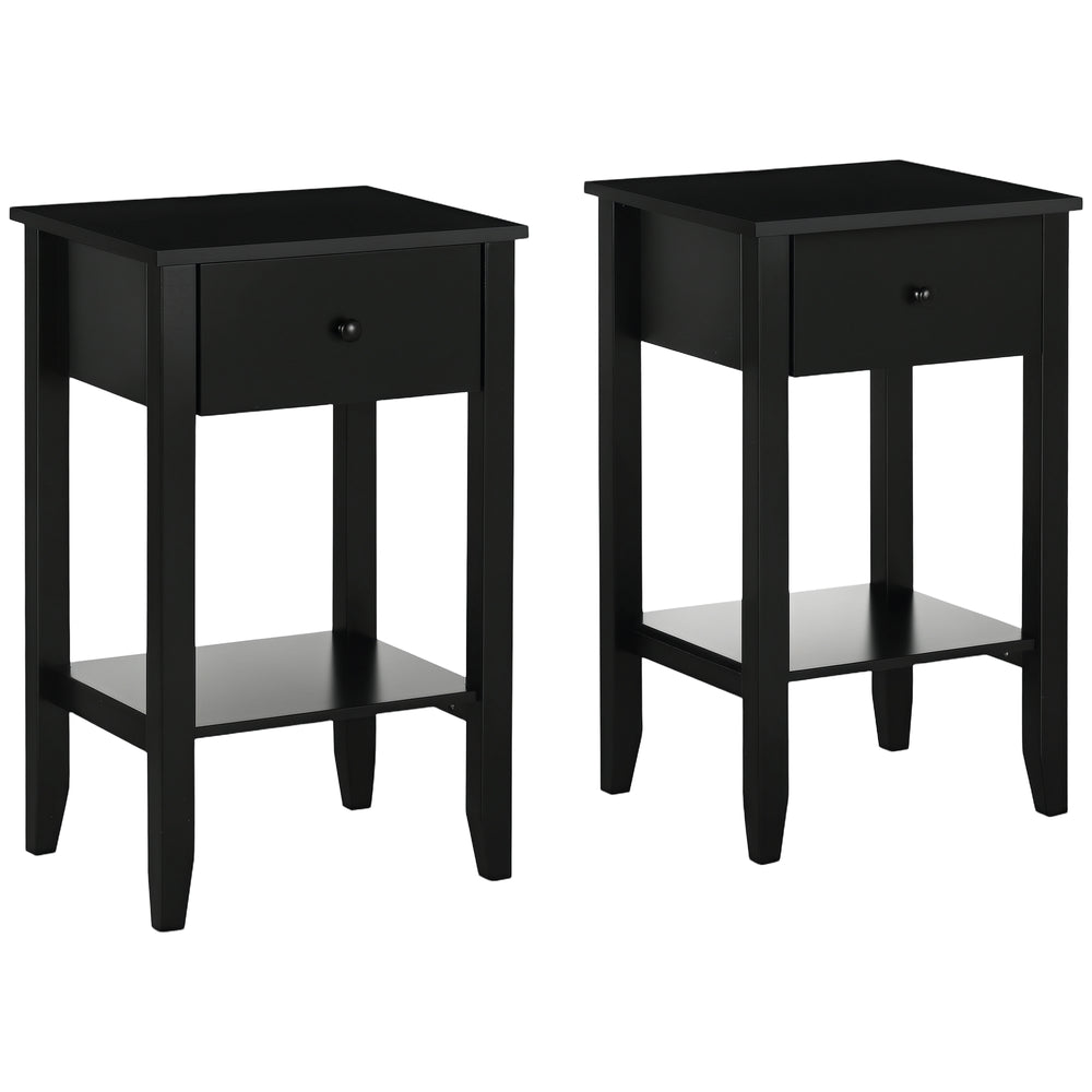 Set of 2 side tables with drawer and lower shelf, black