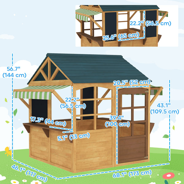 Foldable Wooden Outdoor Playhouse with Functional Door, Rain Cover, Chalkboards, Brown