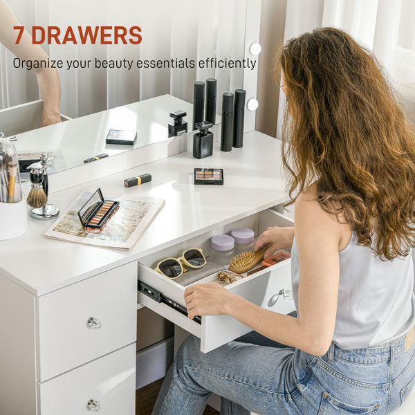 Dressing table with mirror and lighting, 7 drawers and 14 LEDs, white