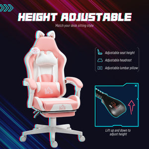 Gaming chair in faux leather with footrest, headrest and lumbar support, pink