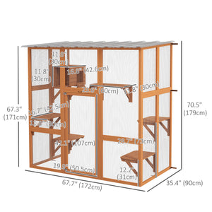 Cat enclosure with waterproof roof, resting niche and platforms, orange