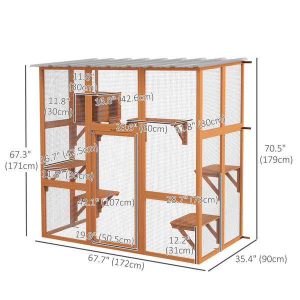 Cat enclosure with waterproof roof, resting niche and platforms, orange