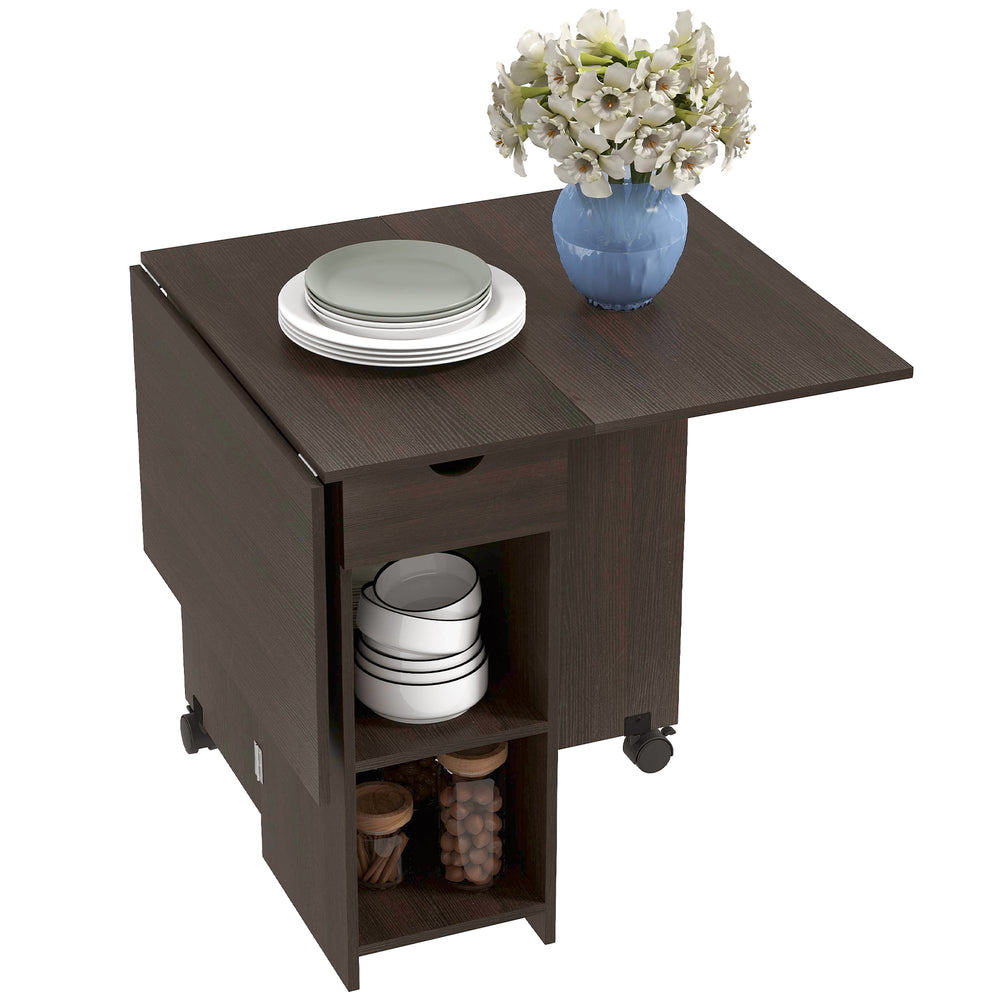 Folding dining table with drawer and storage shelves dark brown