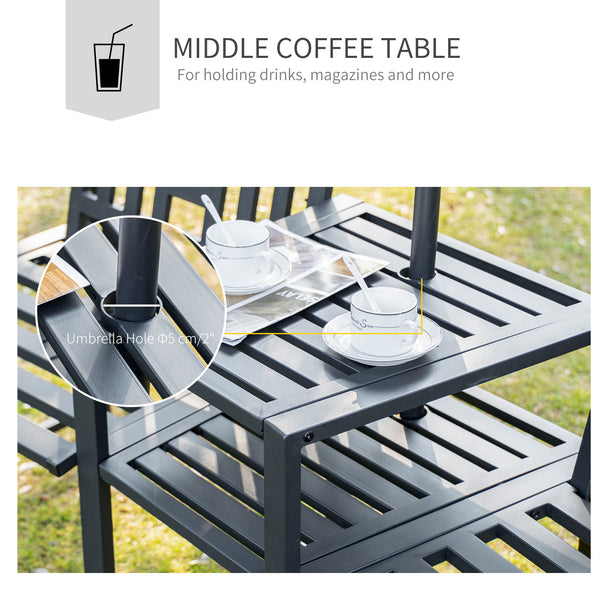 2-seater metal garden bench with central table, black