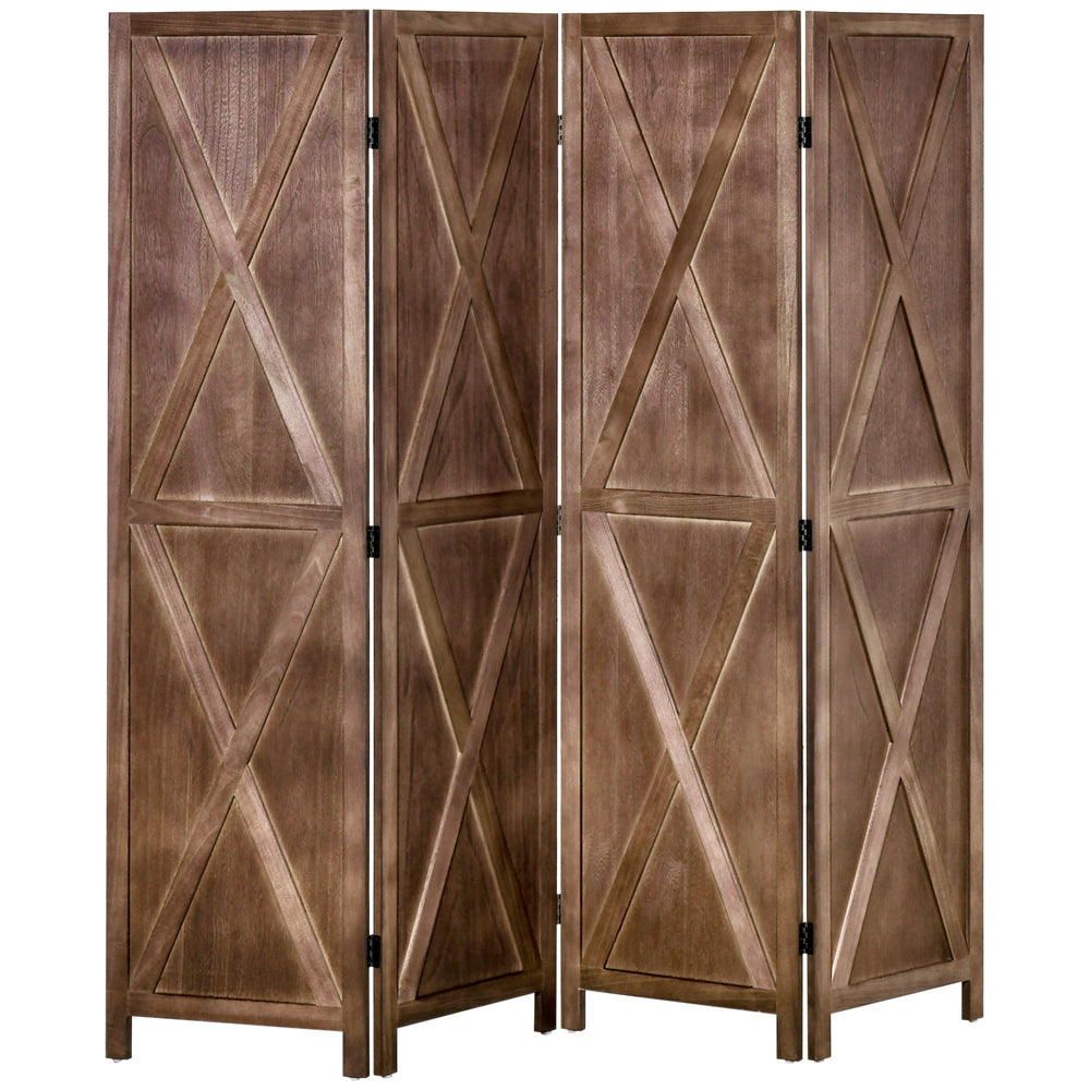 4-panel country style room divider with folding wooden frame, walnut