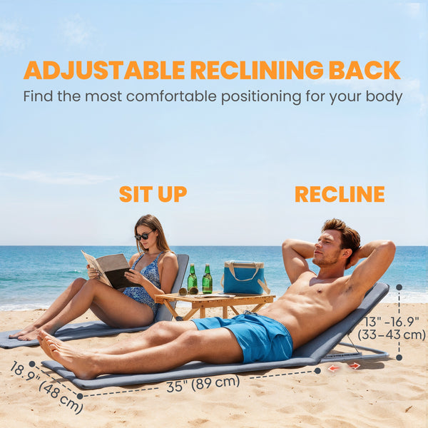 2 Pieces Beach Lounge Chair, Outdoor Folding Chaise Lounge Set w/ Pillow for Sunbath, Snap, Grey