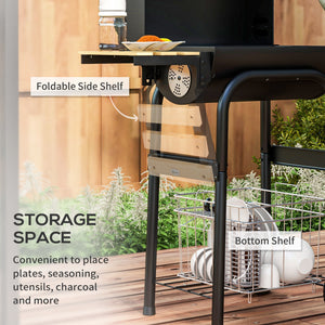 Charcoal barbecue with thermometer, shelves and wheels, black