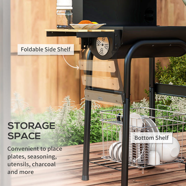 Charcoal barbecue with thermometer, shelves and wheels, black