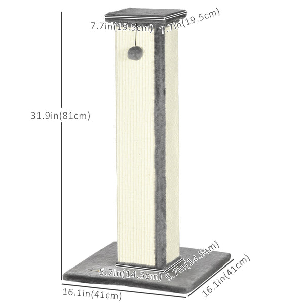81cm high scratching post with hanging ball and soft plush, grey