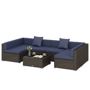 7-piece braided resin garden set with coffee table, rattan corner sofa, navy blue