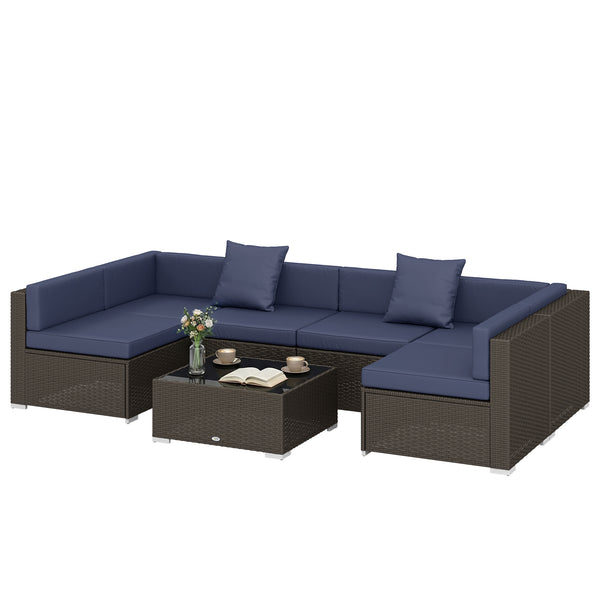 7-piece braided resin garden set with coffee table, rattan corner sofa, navy blue