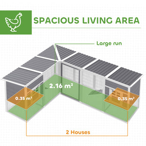 L-shaped chicken coop with run and 2 buildings