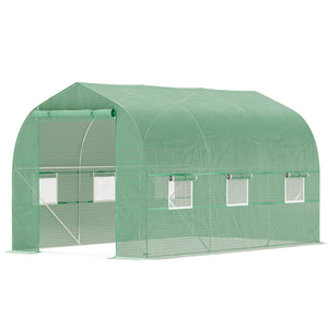 Greenhouse tunnel with roll-up door and 6 screened windows, steel frame, green