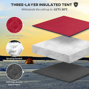 Insulated ice fishing shelter for 3 to 4 people, foldable, with oversized doors, windows, vents and carrying bag, for low temperatures down to -30 ℃.