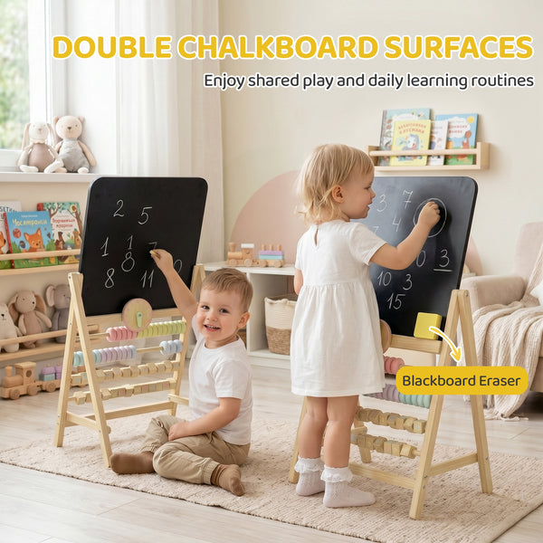 Double-sided children's easel with abacus and clock, natural wood