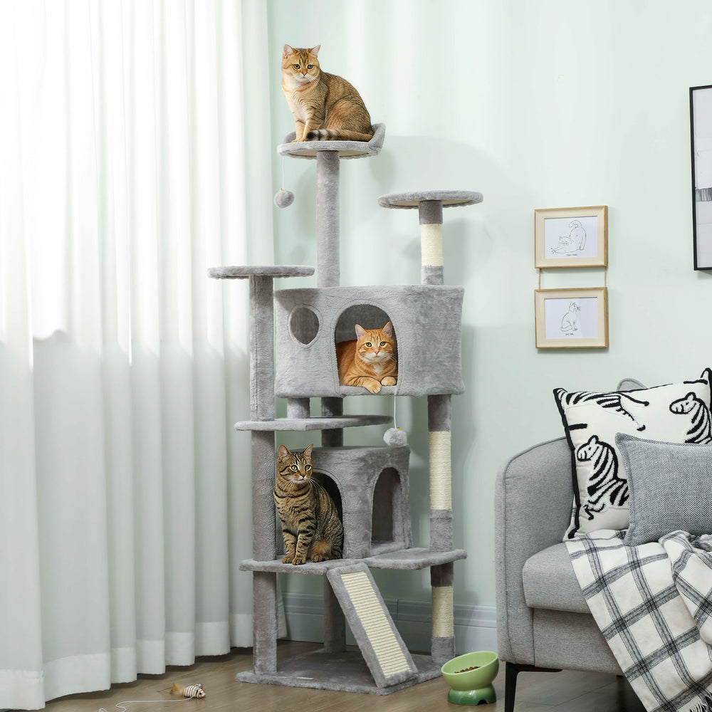 137 cm (54 in) Cat Tree, Multi-Level Tower with Scratching Posts, Condos, Perch, Platforms, Ramp, and Ball, Light Gray